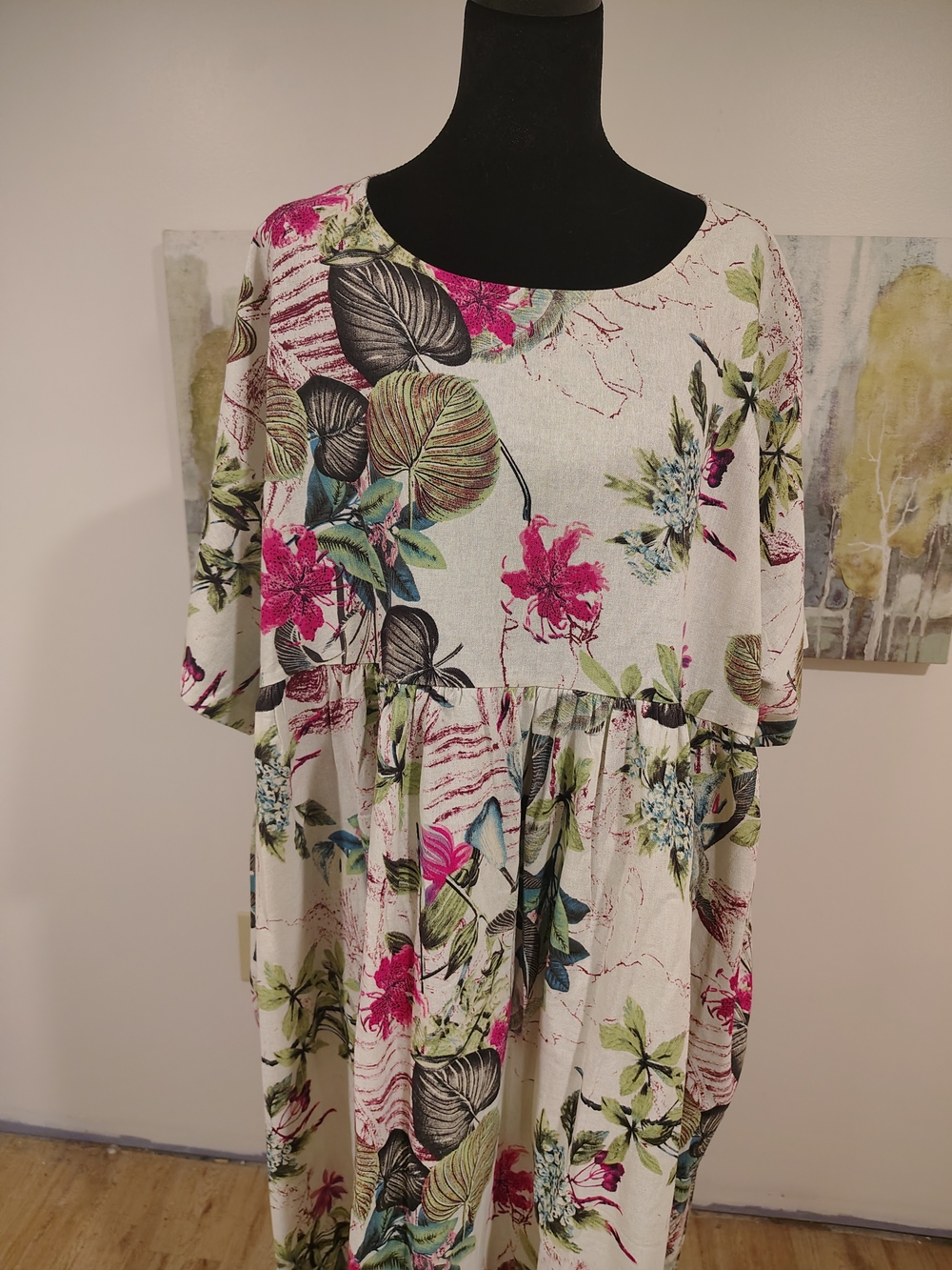 Tropical Linen Floral Maxi Dress in White and Pink 3x - Picture 3 of 12